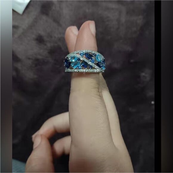 Sterling Silver (925) Wide Sparkly Blue Eternity Band - Picture 11 of 17